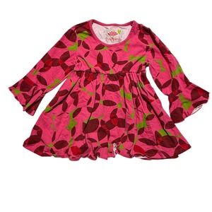 Three Friends Girls Pink Green Geometric Leaf Print Bell Sleeve Dress Size 6